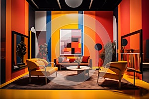 Colorful modern interior featuring two yellow armchairs, sofa and contemporary paintings. Generative AI
