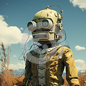 Colorful Modern Man In Robot: A Surrealistic Adventure In A Rusty Field
