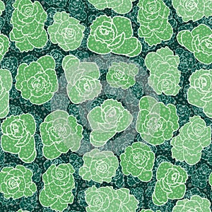 Colorful modern seamless repeat pattern of dark roses or roseum succulents in a garden-like arrangement with layering effect and