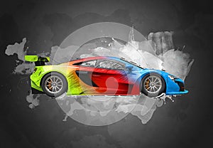 Colorful modern super race car - sketch color splash