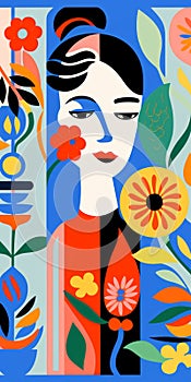 Colorful Modernist Portrait: Woman With Flowers In Bold Graphic Patterns