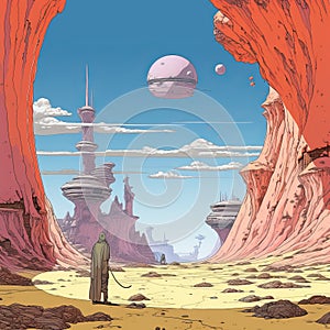 Colorful Moebius-inspired Illustration Of A Man Walking To The City On A Red Planet