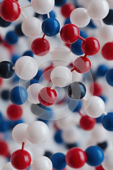 Colorful molecular structure model with red, blue, and white spheres