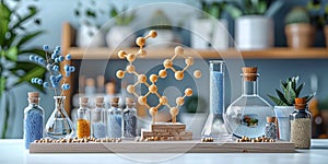 Colorful molecular structure model with scientific laboratory equipment. photo