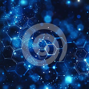 Abstract representation of molecular structures with glowing blue particles in a dark background Generative AI