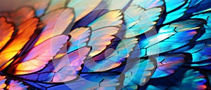 Colorful monarch butterfly wings. Macro iridescent butterfly wing on otherworldly style. AI generated.