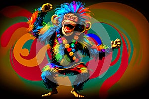 Colorful monkey is dancing with his arms in the air and his mouth wide open. Generative AI