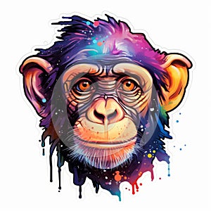 Watercolor Chimp Sticker With Cosmic Neon Realism photo