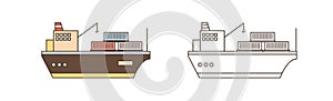 Colorful and monochrome icon set of cargo ships with crane and containers in line art style. Sea watercrafts carrying photo