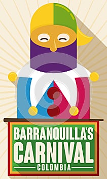 Colorful Monocuco with Stick and Flag for Barranquilla`s Carnival, Vector Illustration