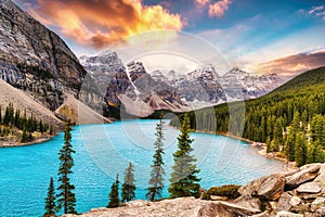 Colorful Moraine lake with mountain range in Canadian Rockies in the morning at Banff national park