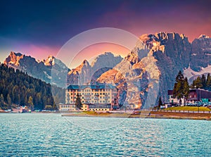 Colorful morning scene of the Lake Misurina