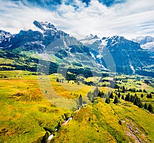 Colorful morning view of Grindelwald village. Wetterhorn and Wellhorn mountains, located west of Innertkirchen in the Bernese Ober