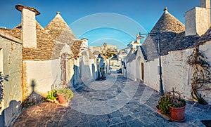 Colorful morning view of strret with trullo trulli - traditional Apulian dry stone hut with a conical roof. Nice spring citysca photo