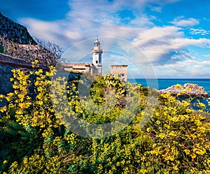 Colorful morning view of Zafferano cape with old lighthouse. Stunning spring seascape of Mediterranean sea, Sicily, Italy, Europe.