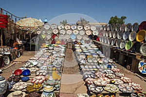 Colorful moroccan ceramics on street market in Morocco