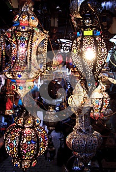 Colorful Moroccan lamps at night