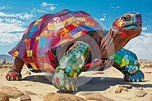 Colorful Mosaic Artwork Sculpture of a Tortoise in Desert Landscape Under Blue Sky