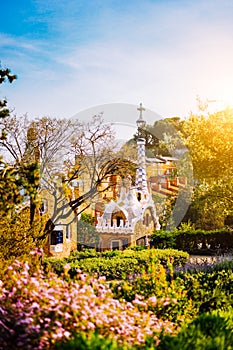 Colorful mosaic building in Park Guell in warm sunset light. Framed by garden flowers in foreground. Barcelona, Spain