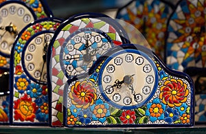 Colorful mosaic clock souvenirs, Barcelona