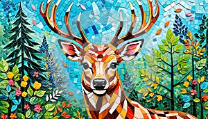 Colorful mosaic deer in vibrant woodland setting with geometric nature design photo