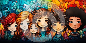 Colorful Mosaic of Faces Hand-Drawn Multi-Ethnic Crowd Background