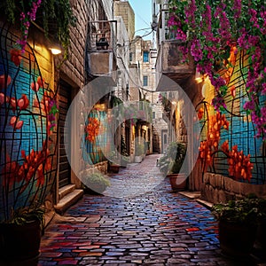 Colorful Mosaic of Secret Alleyway in Jerusalem