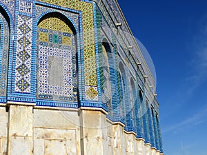 Colorful mosaic tiles. Arabic patterns on the Dome of the Rock, Temple mount, Jerusalem, Israel