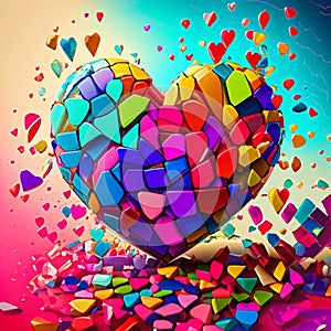Colorful mosaic tiles shattering off a heart