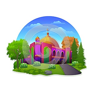 Colorful mosque with golden dome and courtyard garden illustration