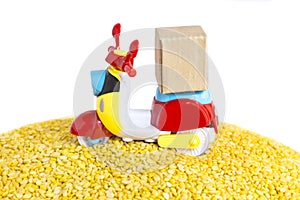 Colorful motorcycle with delivery boxes and a lot of yellow split mung dal or moong dal pile on the white background with copy sp