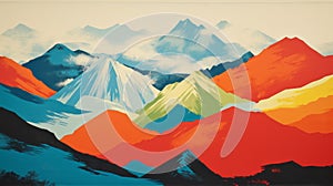 Colorful Mountain Ranges Poster With Whistlerian And Precisionist Art Style photo
