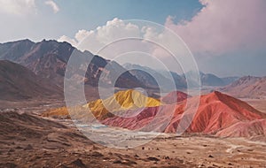 Colorful mountain rising amidst desert, framed by clear sky and fluffy clouds