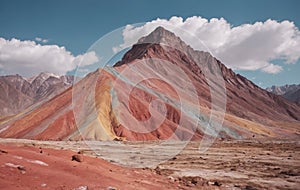 Colorful mountain rising amidst desert, framed by clear sky and fluffy clouds