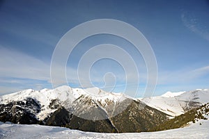 Colorful mountain landscape - mountains covered with snow, Vallnord, Principality of Andorra, Europe. photo