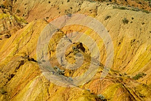 Colorful mountains, yellow and different color painted hills