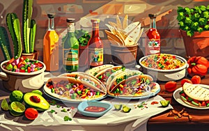 A colorful and mouthwatering display of traditional Mexican dishes and ingredients, including tacos, nachos, salsas, and photo