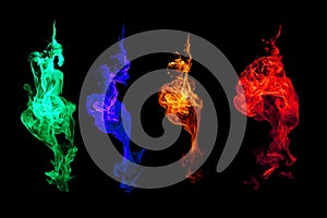 Colorful movement of fire flames isolated on black background