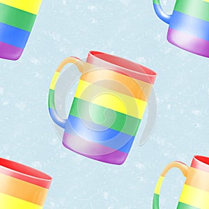 Colorful mug in rainbow colors. LGBT motif. Watercolor on paper texture.Seamless background. photo