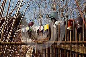 Colorful Mugs on Aged Wooden Fence