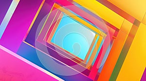 A colorful, multi-colored building with a blue sky in the background