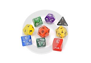 Colorful multi sided role play game dice isolated white background