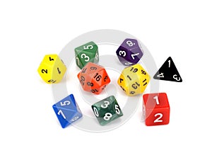 Colorful multi sided role play game dice isolated white background