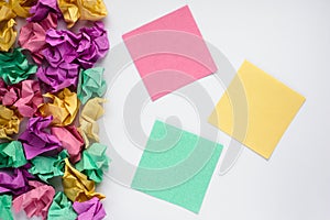 Colorful multicolored sticky notes on white background. Sticker note. Education concept. Copy space.