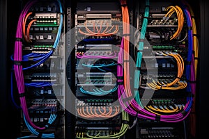 Colorful multiple twisted-pair cables plugged into network switches. Generative AI