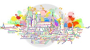 Colorful Munich Skyline Sketch