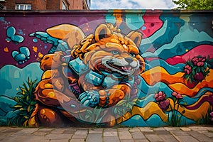 a colorful mural of a lion with blue eyes and a blue ball Beauty A Vibrant Street Art Playful Spirit