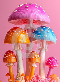 A colorful mushroom bouquet with a pink background