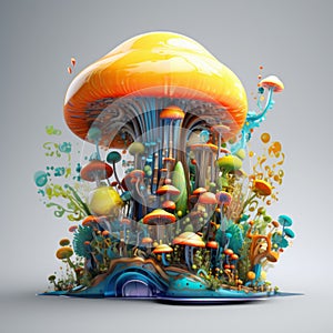a colorful mushroom house with lots of mushrooms and plants