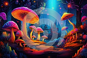 Colorful mushrooms in psychedelic forest. Neon dmt mushrooms concept